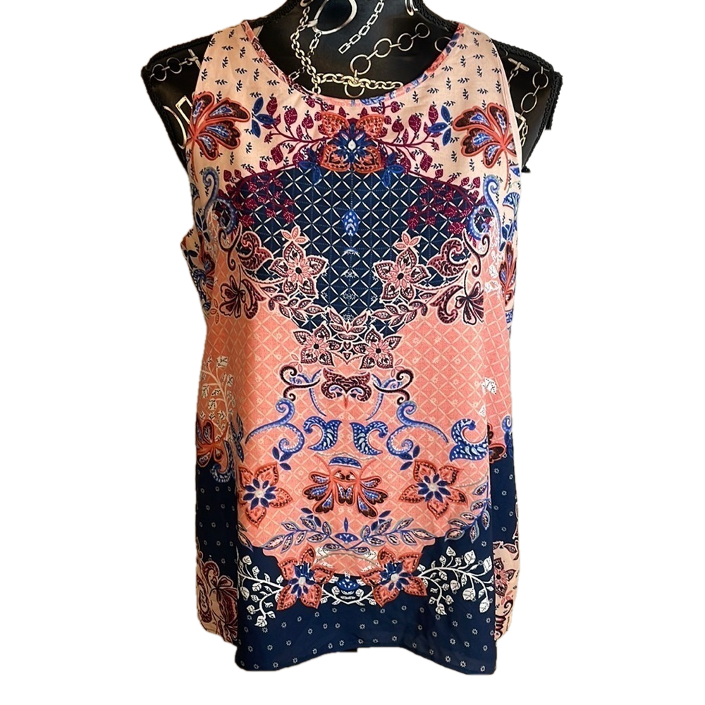 Kenar Peach Blue Floral Pattern Sleeveless Blouse Button Back Size Medium